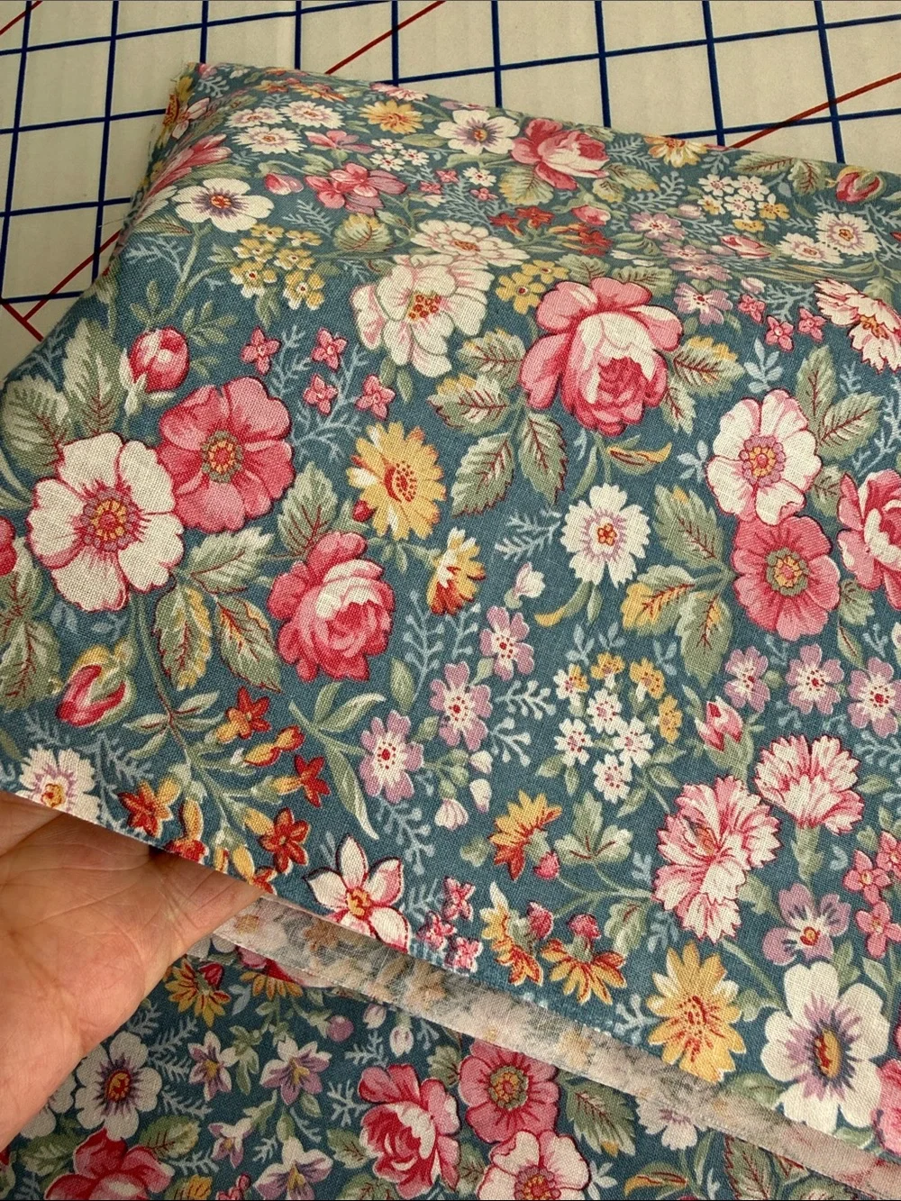 Vintage 1980s Floral Fabric 1 Yard x 44 Teal Pink Roses English Garden Cotton